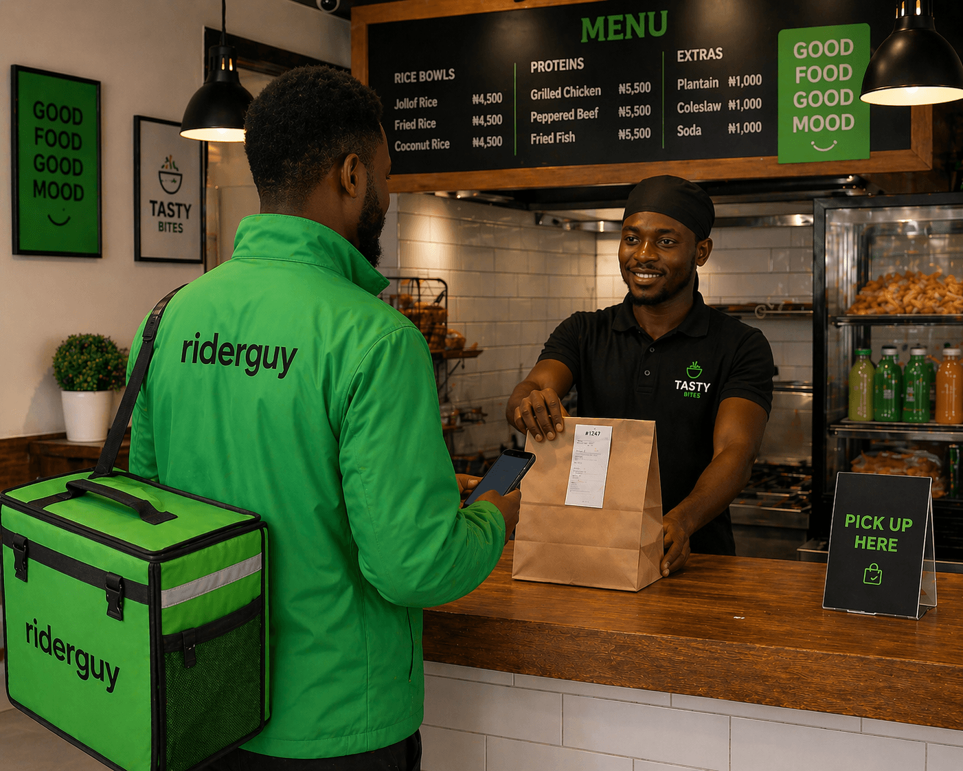 Go online, accept your job and head to the pickup point.